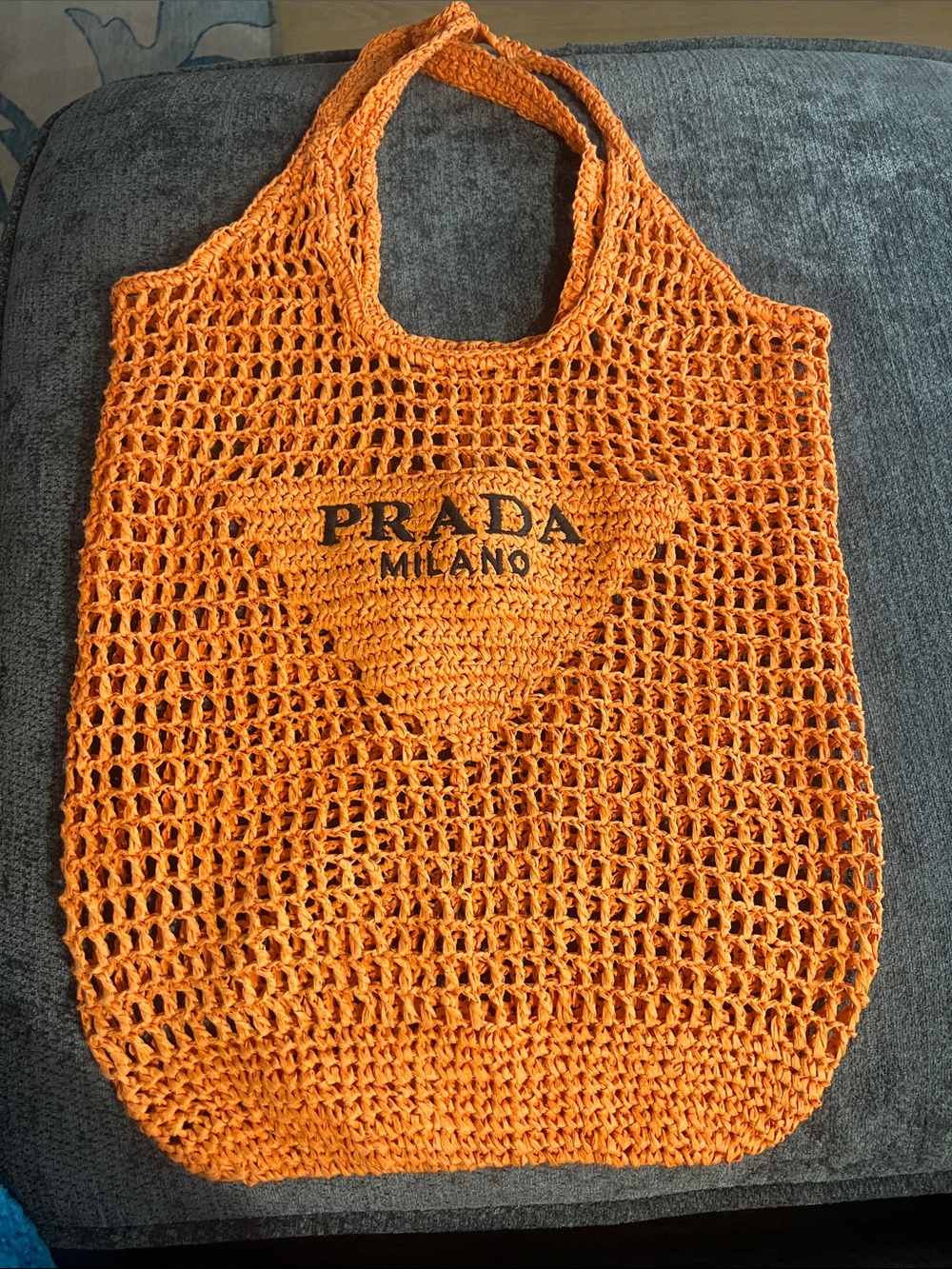 Prada Orange ( Arancio) rafia crochet Milano Tote